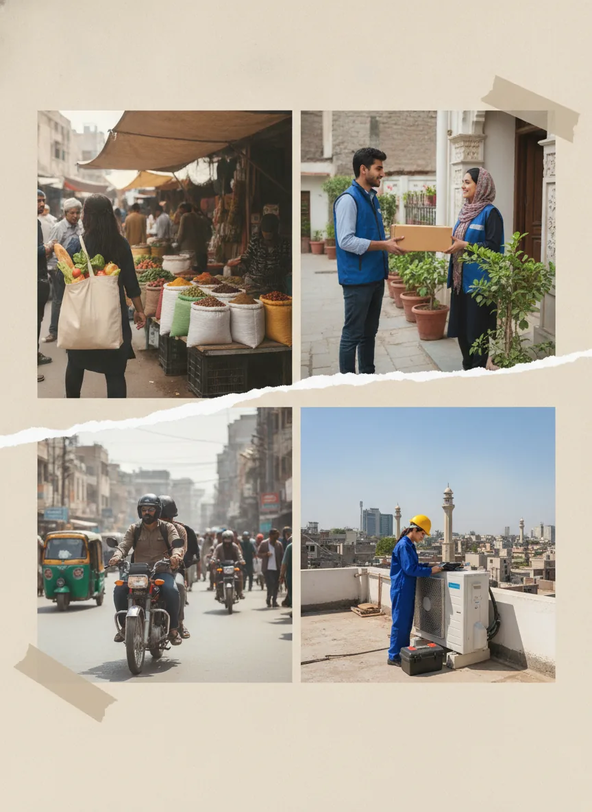 Real photo collage-style scene showing Dost services in